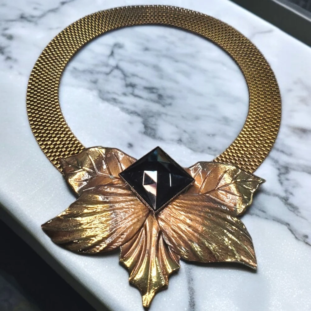 WEST GERMANY Vintage Massive Leaf Onyx Crystal Necklace & Earrings
